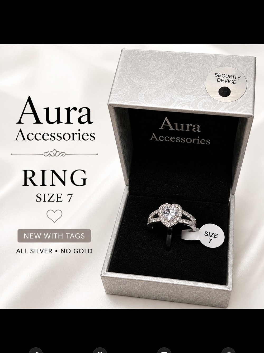 Aura Accessories Heart Crystal Halo Ring Size 7 NWT Silver Tone